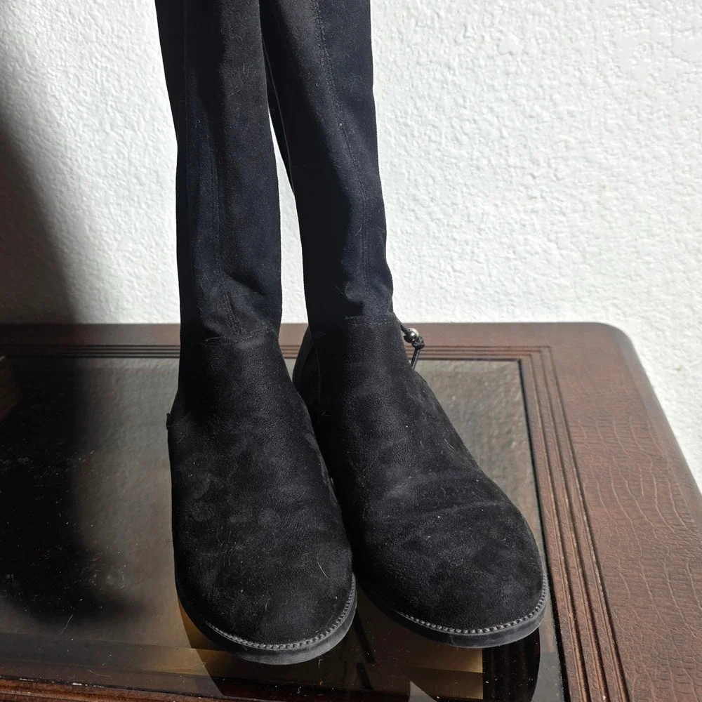 Black Over The Knee Boots Suede Elastic Panel Side Zip Flat Heel Women's Size‎ 7